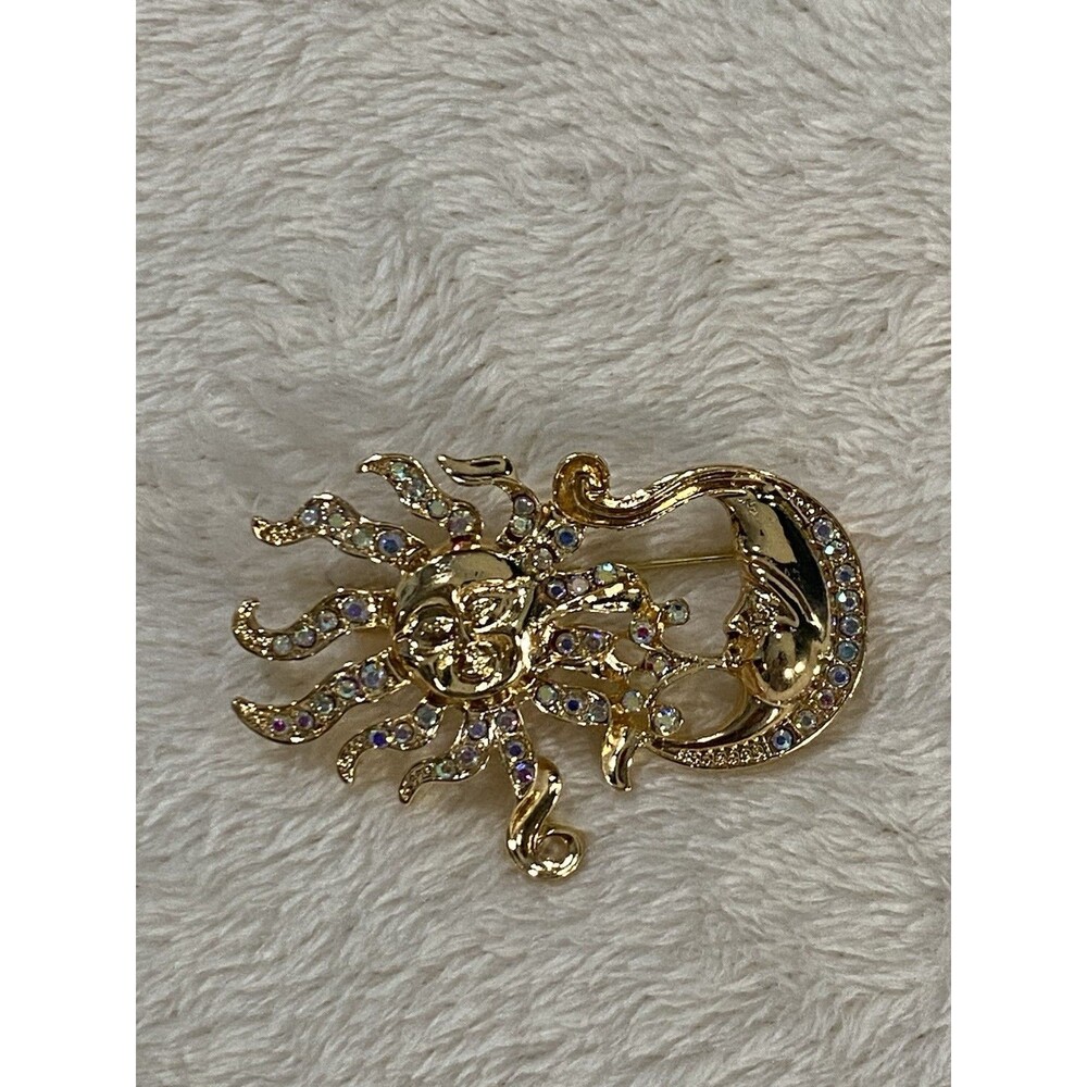 Boho Celestial Sun Moon Brooch Gold Tone Starburst Rhinestone Crescent Face Pin